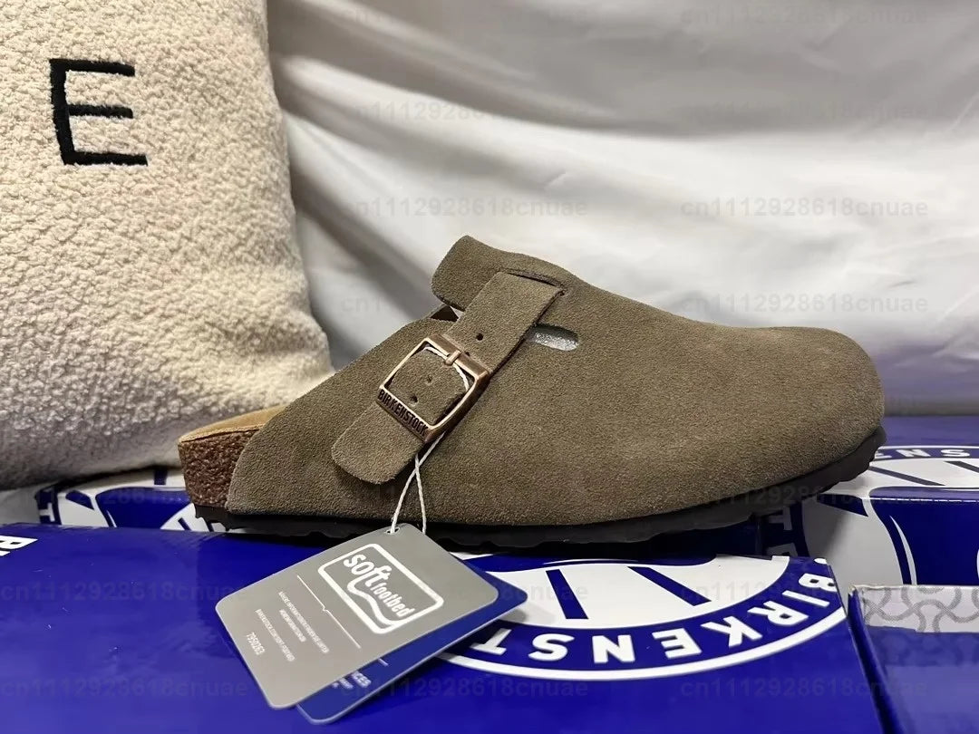 Szürke Szín Bőr Unisex Fa Talpú Papucs Sandál Mindennapi Használatra