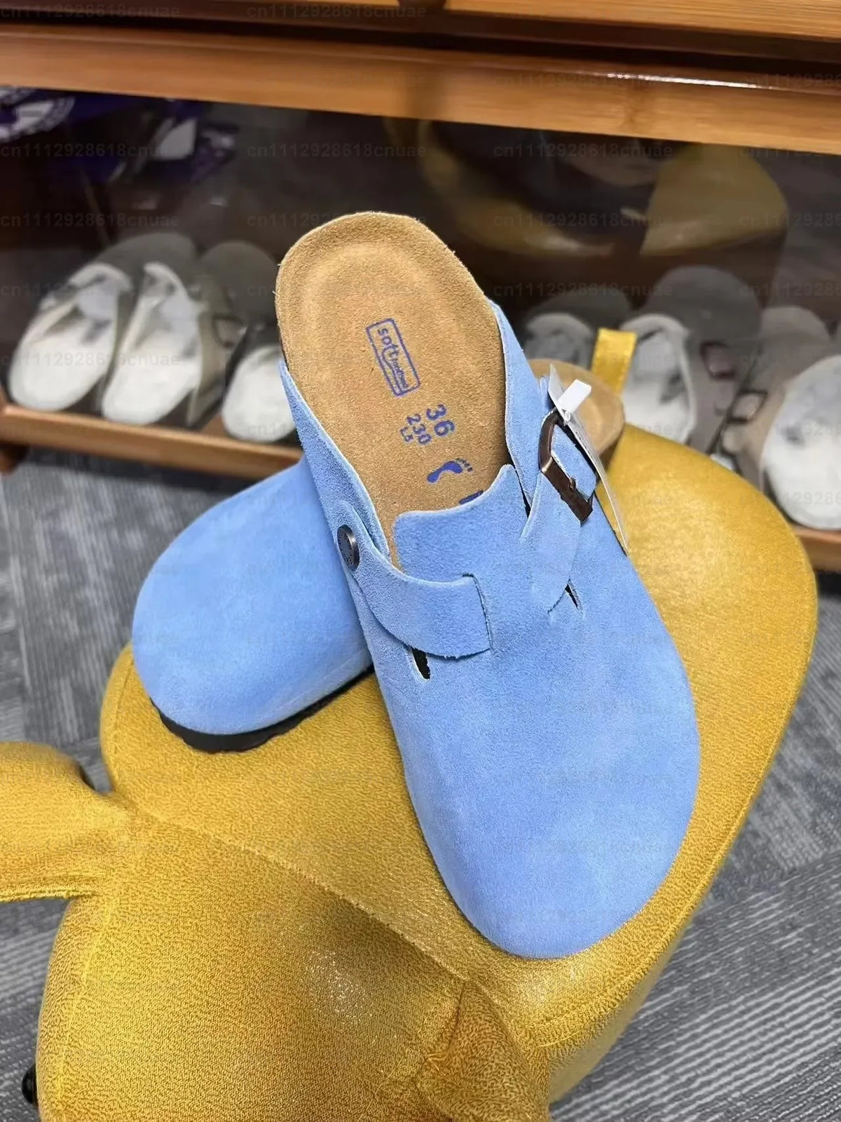 Sárga Szín Bőr Unisex Fa Talpú Papucs Sandál Mindennapi Használatra